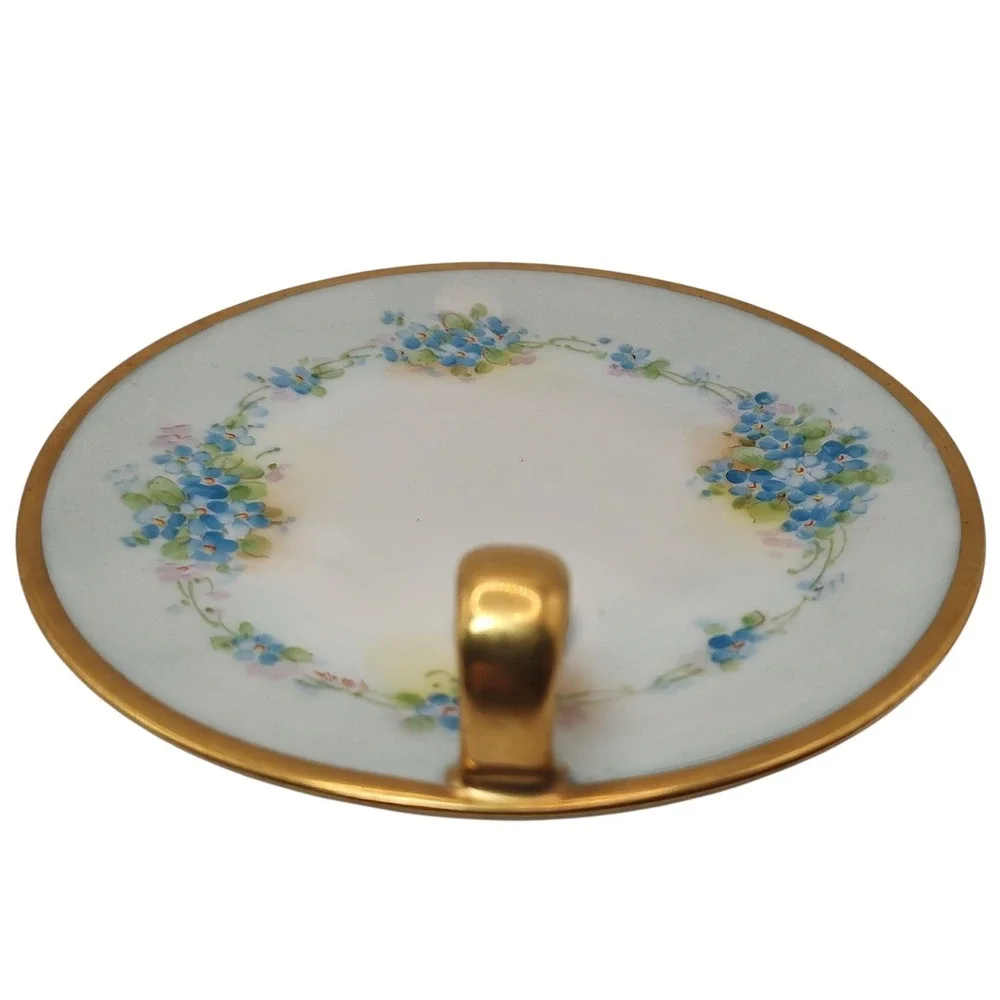 Antique‎ Bavaria Nappy Lemon Dish Blue Hand Painted Floral Gold Trim Handle SEE